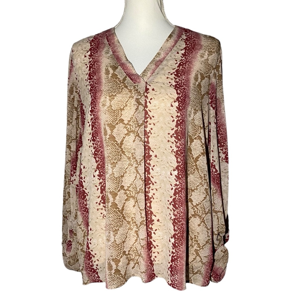 Entro Women's Small Reptile Snake Long Sleeve Chiffon Blouse‎ Top V Neck - Picture 2 of 10